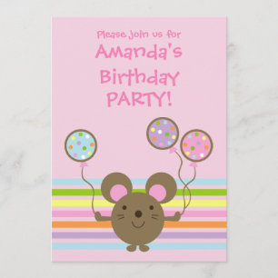 Balloon Mouse Pink Birthday Party Invitation