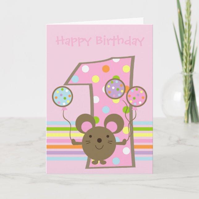 Balloon Mouse Pink Happy 1st Birthday Card (Front)