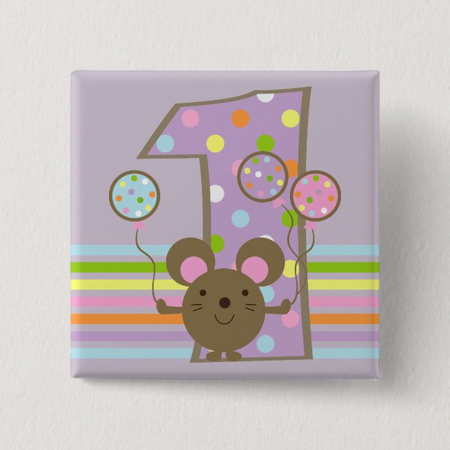 Balloon Mouse Purple 1st Birthday Button (Front)