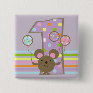 Balloon Mouse Purple 1st Birthday Button