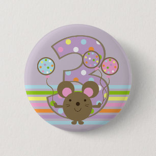 Balloon Mouse Purple 3rd Birthday Round Button