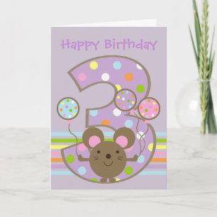 Balloon Mouse Purple Happy 3rd Birthday Card