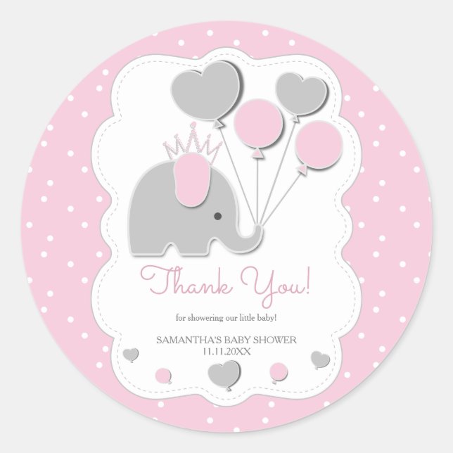 Balloon Pink Elephant Baby Shower Girl Classic Round Sticker (Front)
