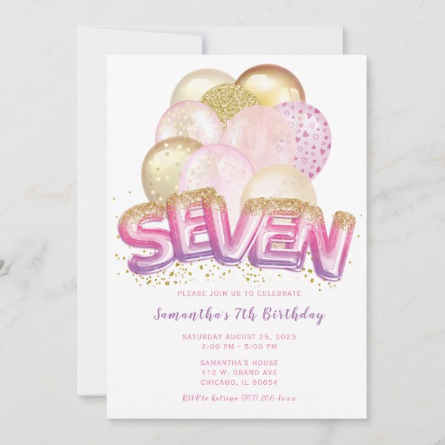 Balloon Pink Purple Gold 7th Birthday Invitation (Front)
