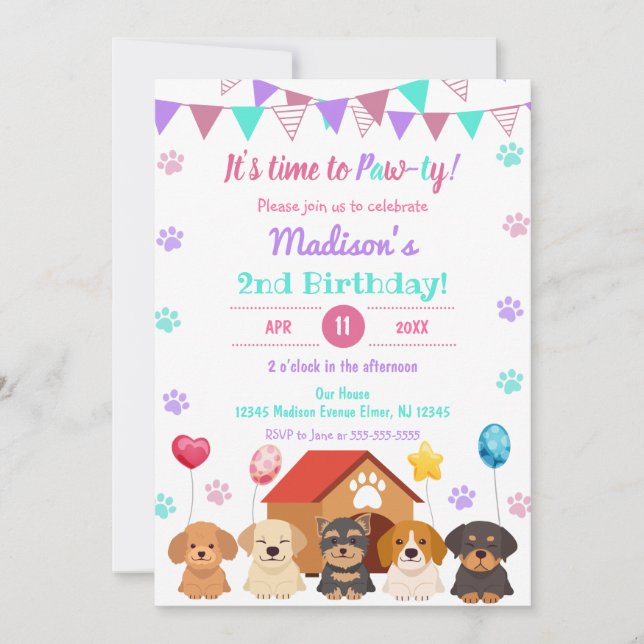 Balloon Puppy Girl Paw-ty Green Point Birthday Invitation (Front)