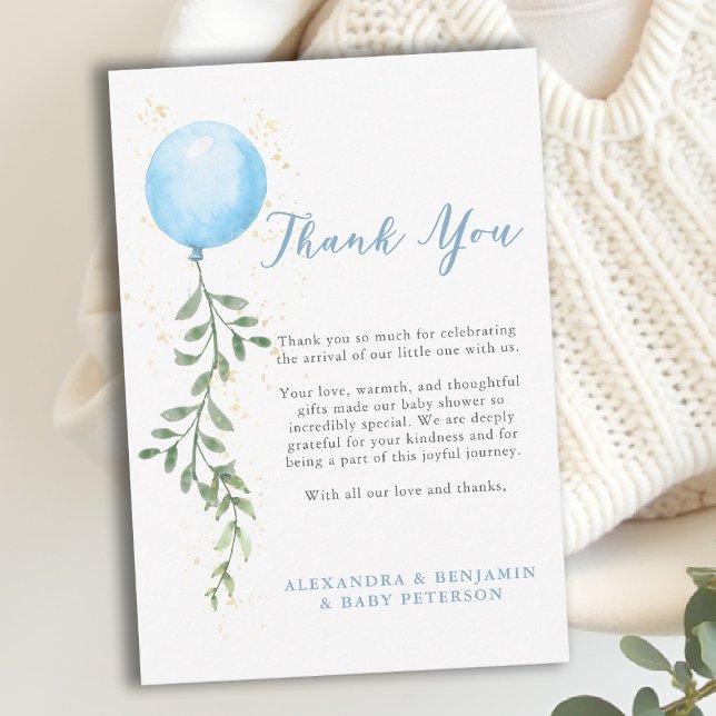 Balloon Soft Greenery Dusty Blue Boy Baby Shower Thank You Card (baby shower thank you card blue balloon watercolor boy greenery soft botanical calligraphy)