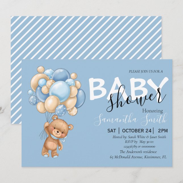Balloon Teddy Bear Blue Baby Shower Invitations  (Front/Back)