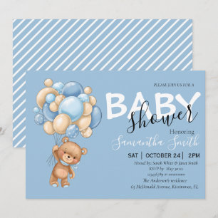 Balloon Teddy Bear Blue Baby Shower Invitations