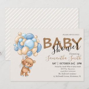 Balloon Teddy Bear Brown Baby Shower Invitations 