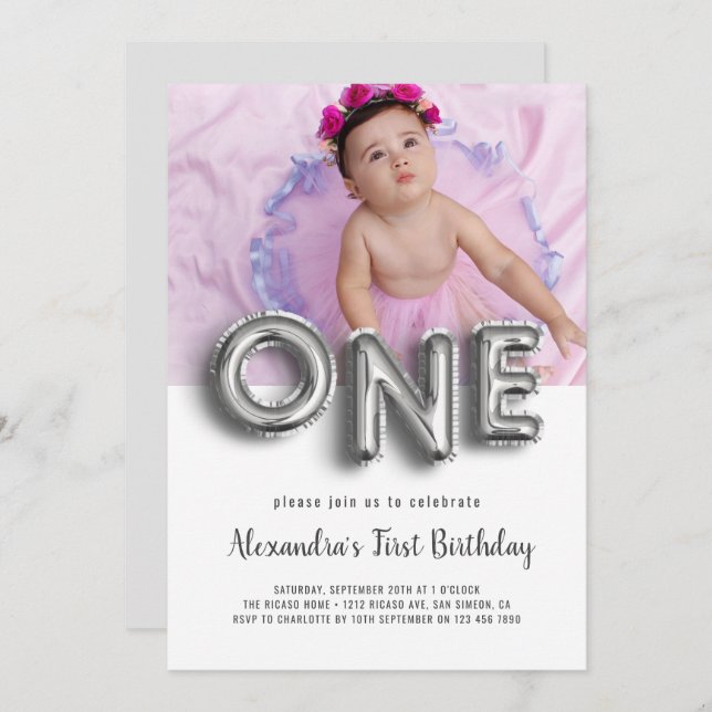 Balloon Text First Birthday Photo Personalised Invitation (Front/Back)