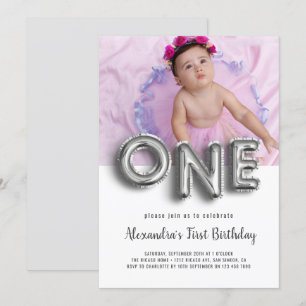 Balloon Text First Birthday Photo Personalised Invitation