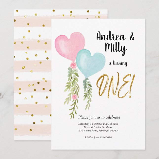 Balloon Twin Boy and Girl Birthday Invitation (Front/Back)