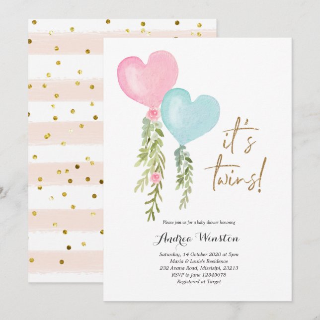 Balloon Twin Boy Girl Baby Shower Invitation (Front/Back)