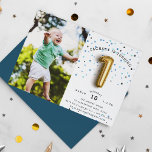 Balloon Type | Photo First Birthday Party Invite<br><div class="desc">Adorable party invitation's for your little one's first birthday party feature a gold "1" balloon on a background of gold, rose gold and black confetti dots. Personalise with your one year old's birthday party details in black lettering, and add a favourite photo of the birthday boy on the left side....</div>