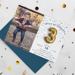 Balloon Type | Photo Third Birthday Party Invite<br><div class="desc">Adorable party invitation's for your little one's third birthday party feature a gold "3" balloon on a background of blue confetti dots. Personalise with your three year old's birthday party details in black lettering, and add a favourite photo of the birthday boy on the left side. Cards reverse to solid...</div>