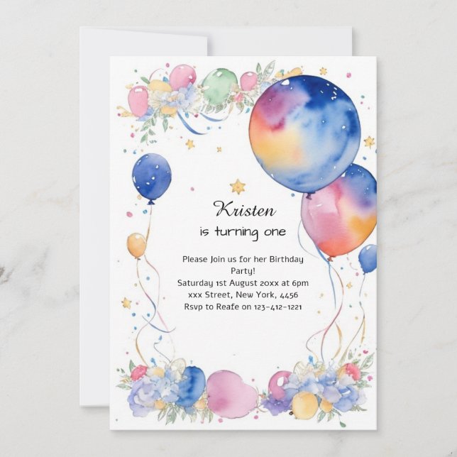 Balloon Watercolor Birthday Invitation (Front)