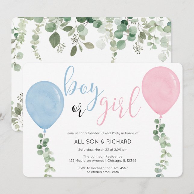 Balloon watercolor gender reveal party invitation (Front/Back)