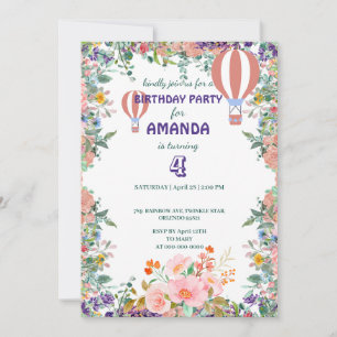 Balloon watercolor gradient floral Birthday Party  Invitation