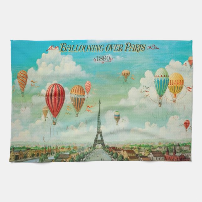 Ballooning Over Paris Vintage Travel Art Tea Towel (Horizontal)