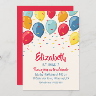 Balloons 13th Birthday Party Kids Birthday Party Invitation