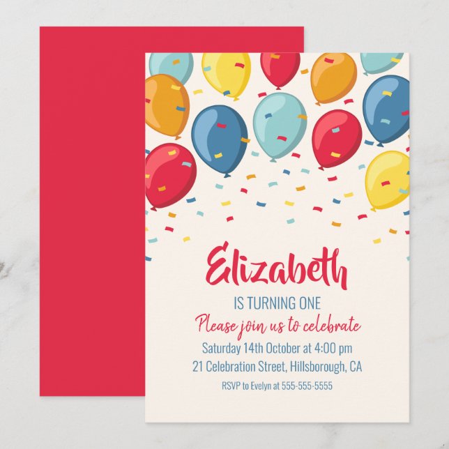 Balloons 1st Birthday Party | Kids First Birthday Invitation (Front/Back)