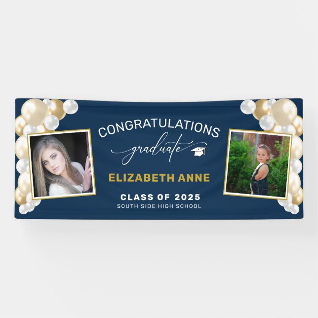 Balloons 2 Photos Blue Congratulations Graduate  Banner (Horizontal)