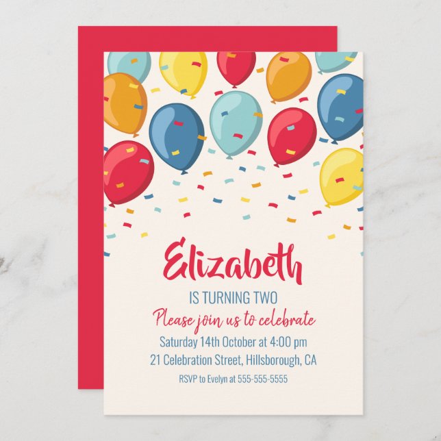 Balloons 2nd Birthday Party | Kids Second Birthday Invitation (Front/Back)
