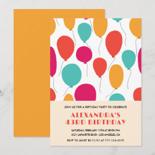 Balloons 43rd birthday invitations Colourful