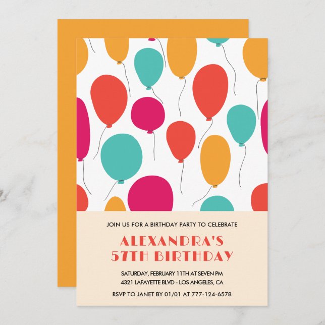 Balloons 57th birthday invitations Colourful (Front/Back)