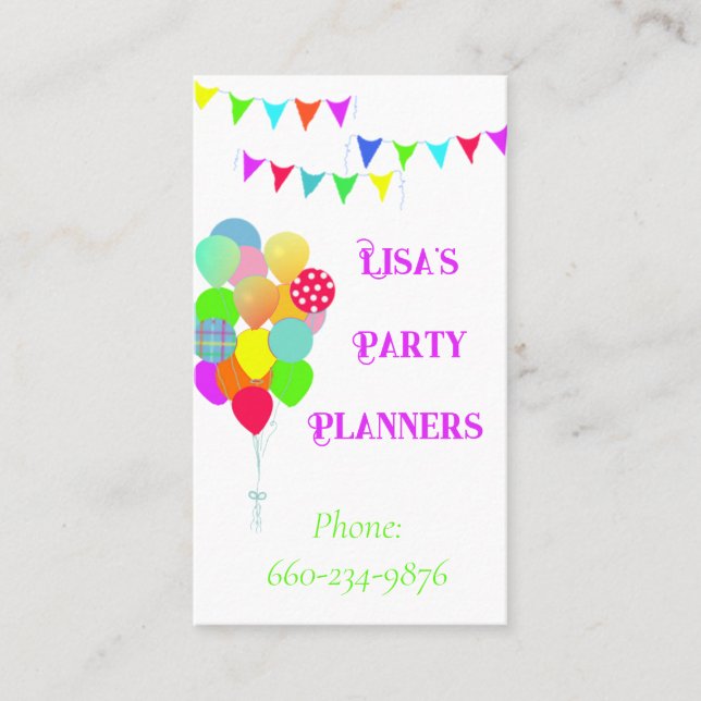 Balloons and Banner Party Planner Business Card (Front)