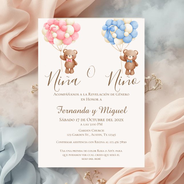 Balloons and Bear Gender Reveal Party Invitation (Creator Uploaded)