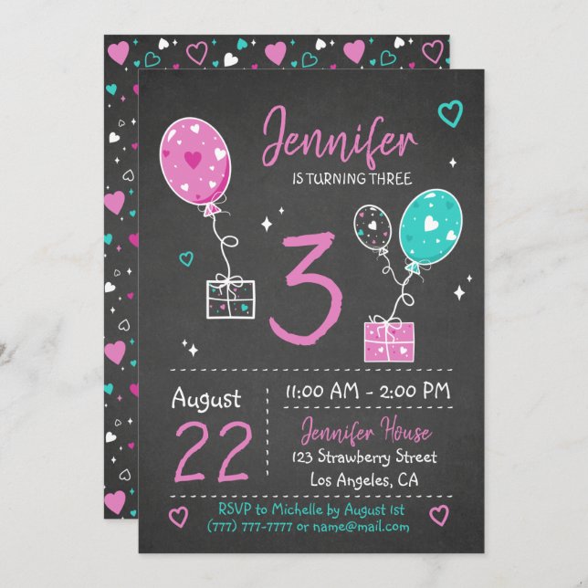 Balloons and Gifts Birthday Chalkboard Invitation (Front/Back)
