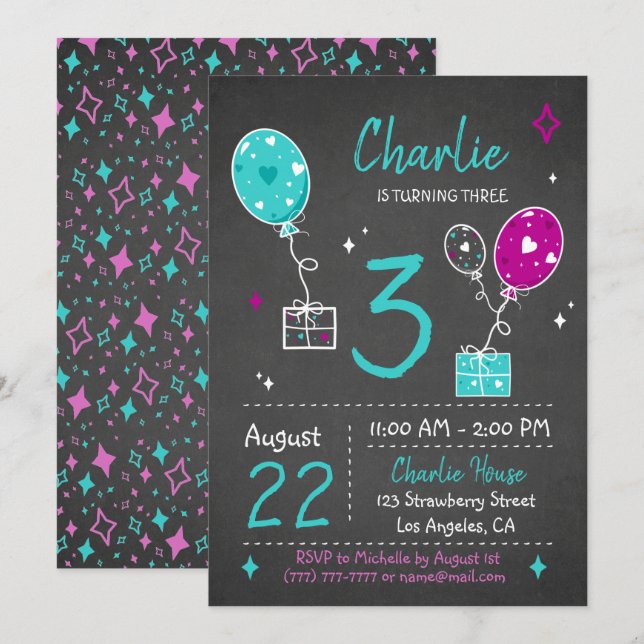 Balloons and Gifts Birthday Chalkboard Invitation (Front/Back)