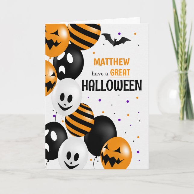 Balloons and Polka Dots with Name Halloween Card (Front)