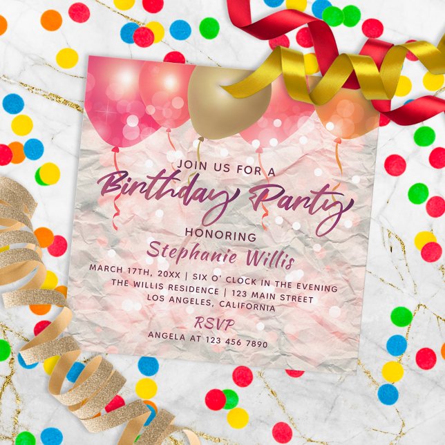 Balloons And Sparkles On Paper Birthday Party Invitation (Creator Uploaded)