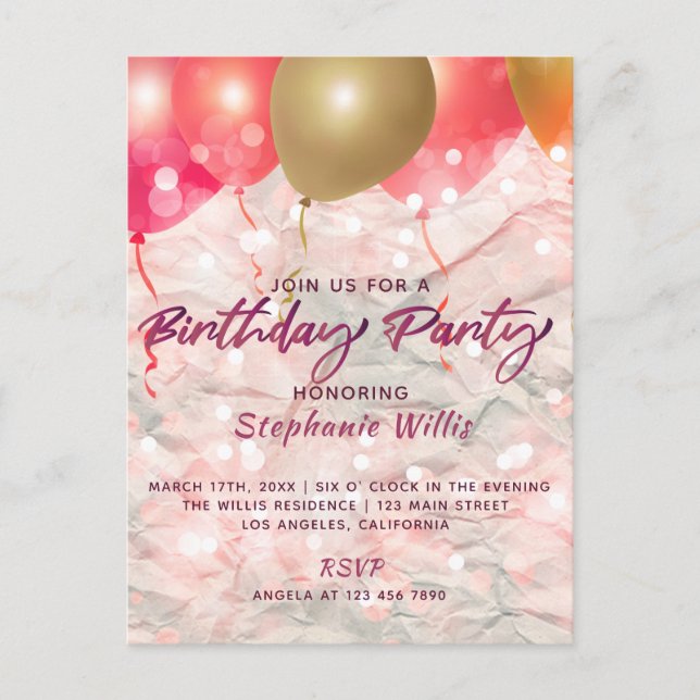 Balloons And Sparkles On Paper Birthday Party  Postcard (Front)