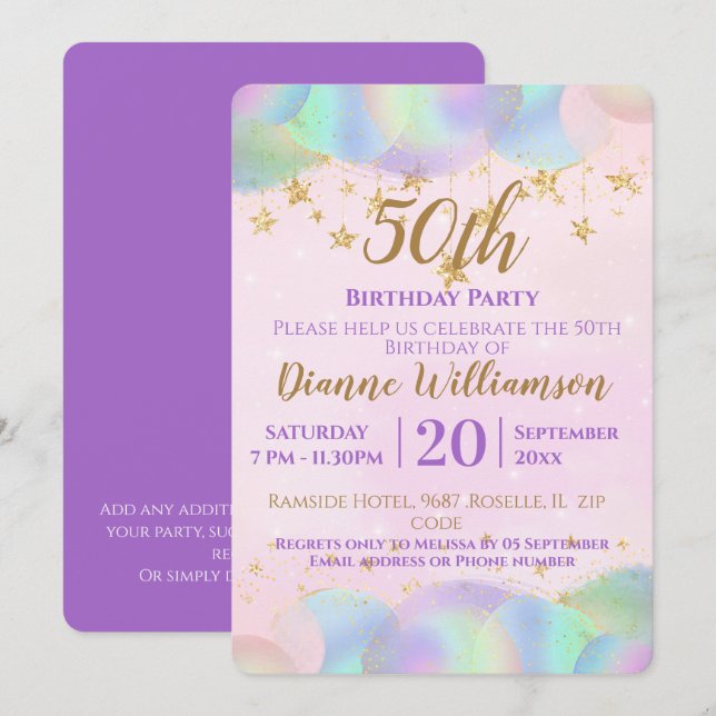 Balloons And Stars Pink 50th Birthday Party  Invitation (Front/Back)