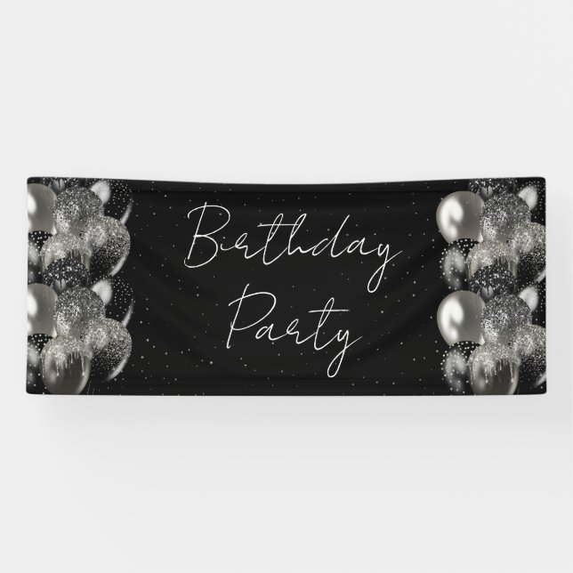 Balloons Birthday Black Silver Glitter Party Banner (Horizontal)