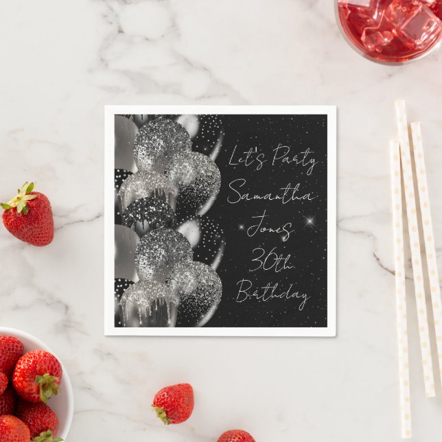 Balloons Birthday Black Silver Glitter Party Napkin (Insitu)