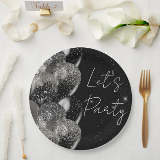 Balloons Birthday Black Silver Glitter Party Paper Plate
