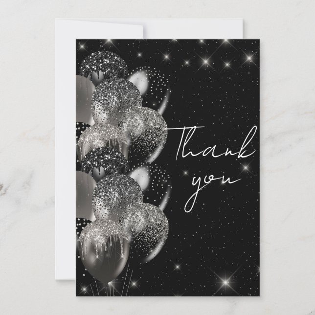 Balloons Birthday Black Silver Glitter Party Thank You Card (Front)