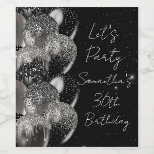 Balloons Birthday Black Silver Glitter Party Wine Label