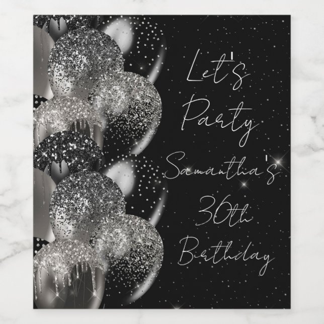 Balloons Birthday Black Silver Glitter Party Wine Label (Single Label)