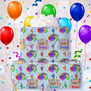 Balloons Birthday Cake Personalise Boy's Name Age Wrapping Paper