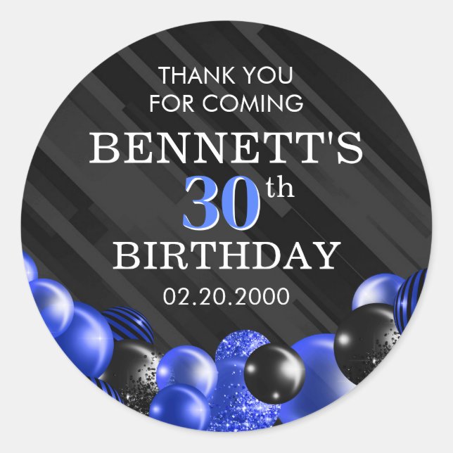 Balloons Black Blue Birthday Classic Round Sticker (Front)