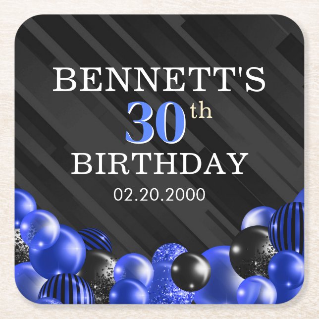 Balloons Black Blue Birthday Napkins Square Paper Coaster (Front)