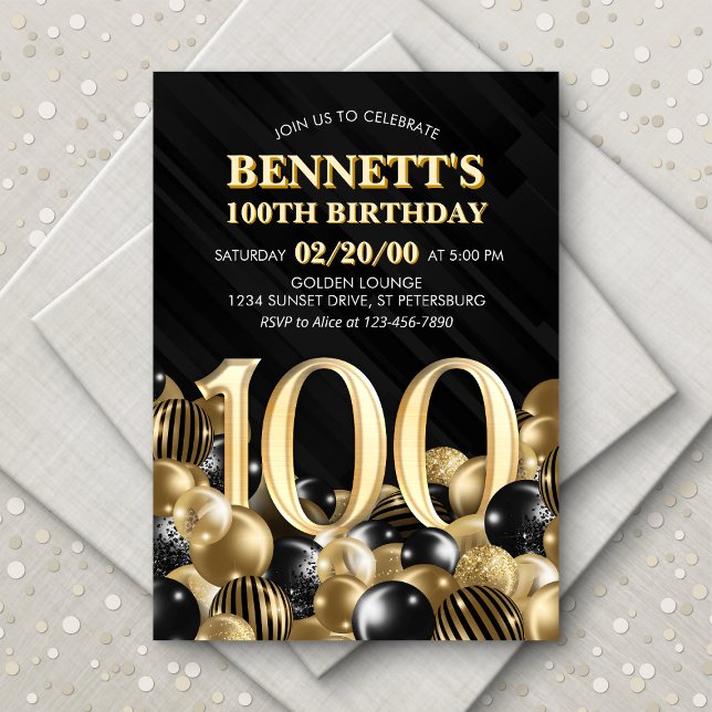 Balloons Black Gold 100th Birthday Invitation (Creator Uploaded)