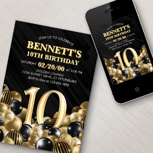 Balloons Black Gold 10th Birthday Invitation