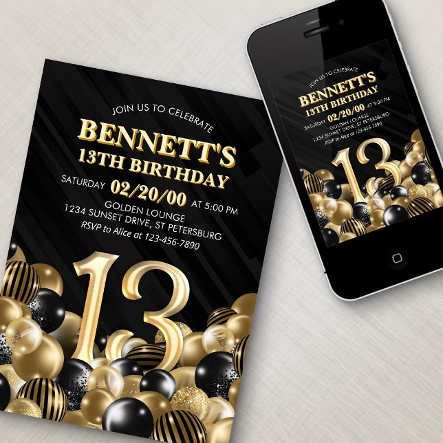 Balloons Black Gold 13th Birthday Invitation (Creator Uploaded)