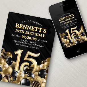Balloons Black Gold 15th Birthday Invitation
